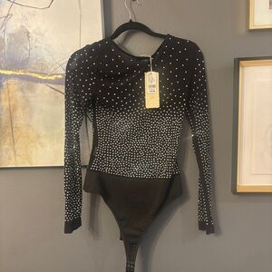 EVER B Black Rhinestone Mesh Long Sleeve Bodysuit – Size M